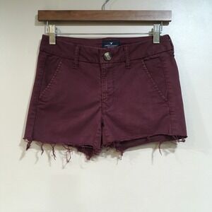 American Eagle Stretch Skinny Cutoff Shorts Women 2 Maroon Boho Festival Raw Hem